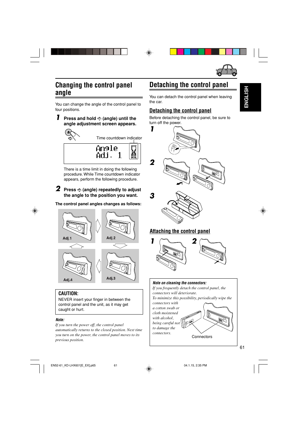 Changing the control panel angle, Detaching the control panel | JVC KD-LHX601 User Manual | Page 61 / 291