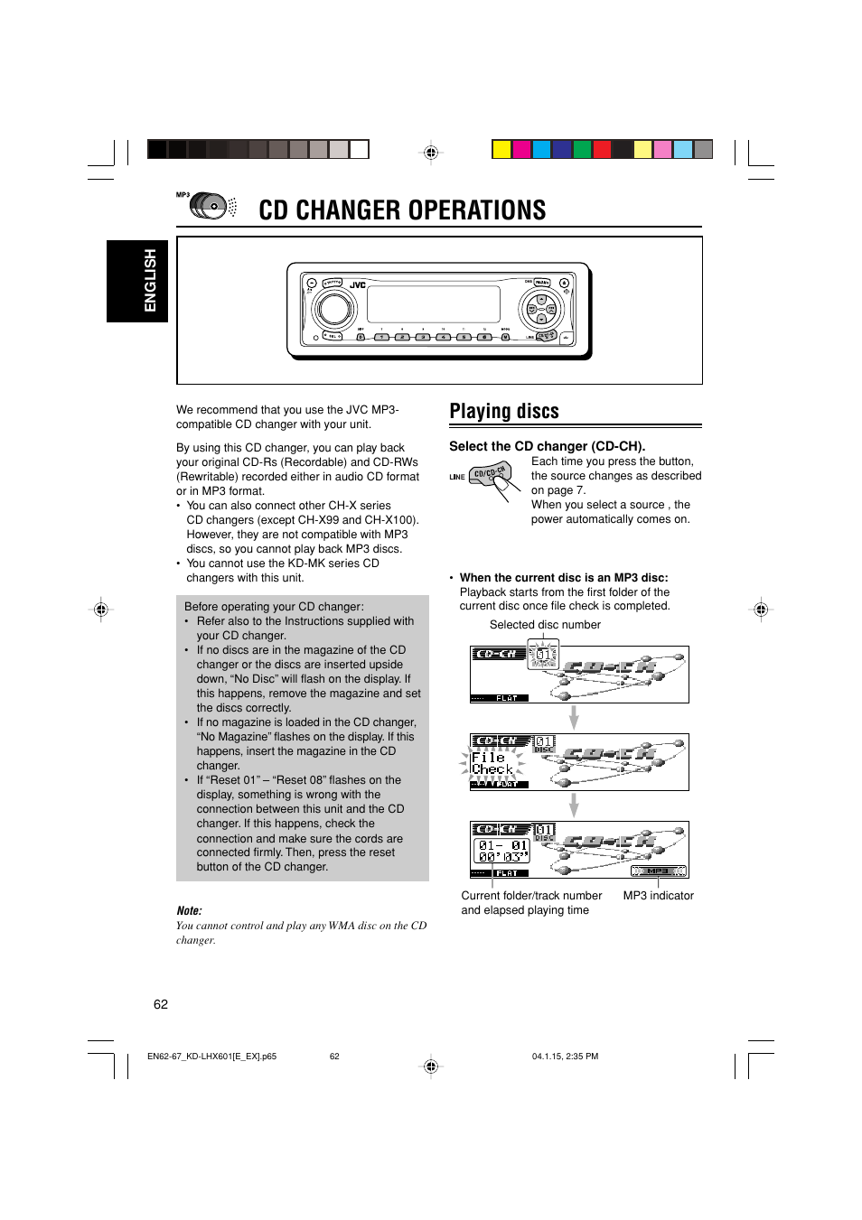 Cd changer operations, Playing discs | JVC KD-LHX601 User Manual | Page 62 / 291
