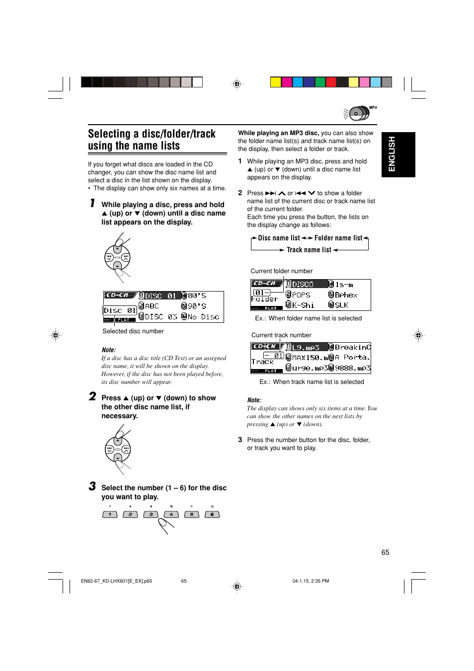 Selecting a disc/folder/track using the name lists | JVC KD-LHX601 User Manual | Page 65 / 291