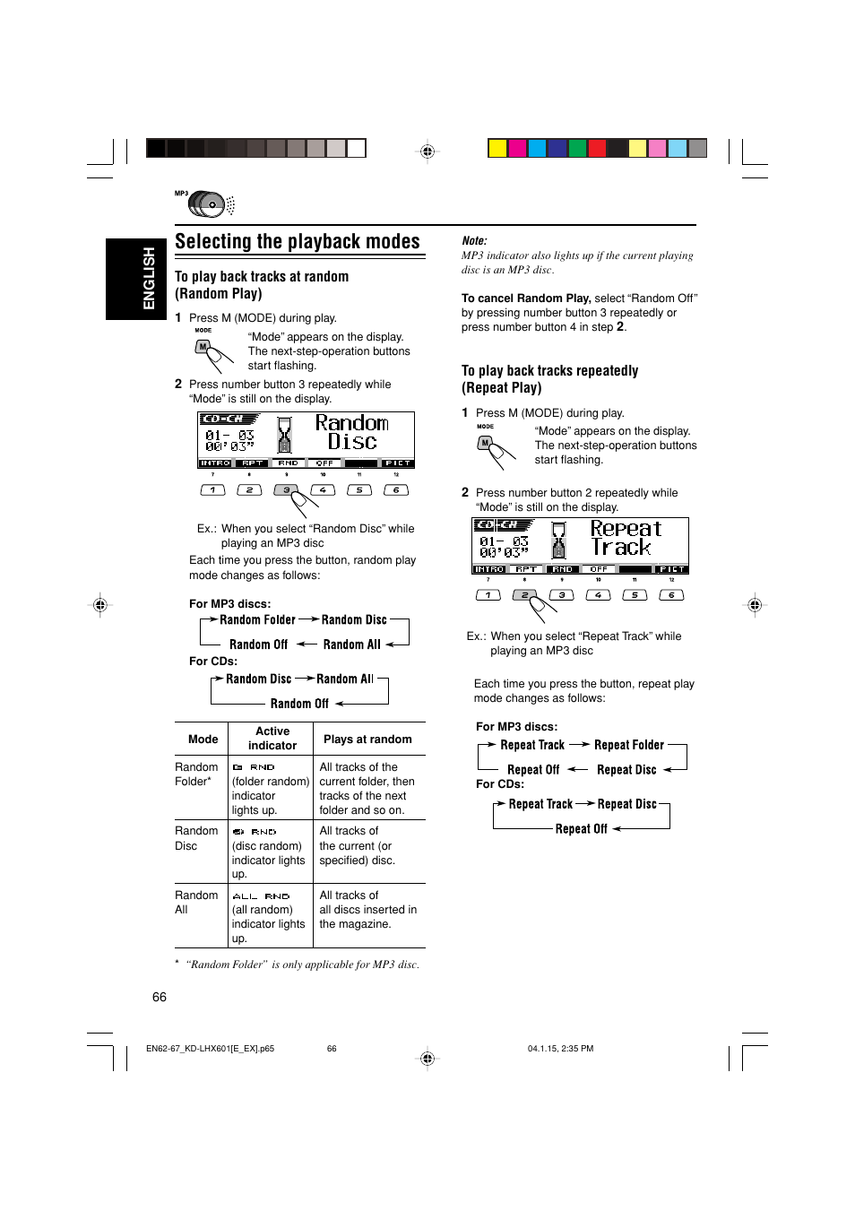 Selecting the playback modes, English | JVC KD-LHX601 User Manual | Page 66 / 291