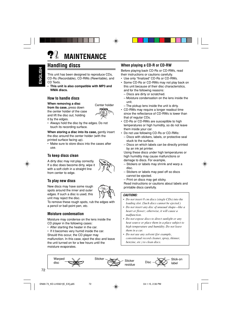 Maintenance, Handling discs | JVC KD-LHX601 User Manual | Page 72 / 291