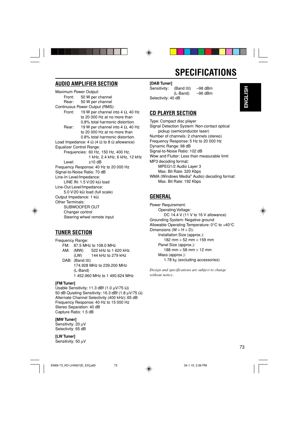 Specifications, General, English | JVC KD-LHX601 User Manual | Page 73 / 291