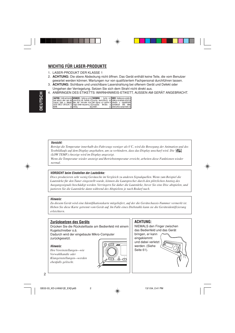 Wichtig für laser-produkte | JVC KD-LHX601 User Manual | Page 74 / 291