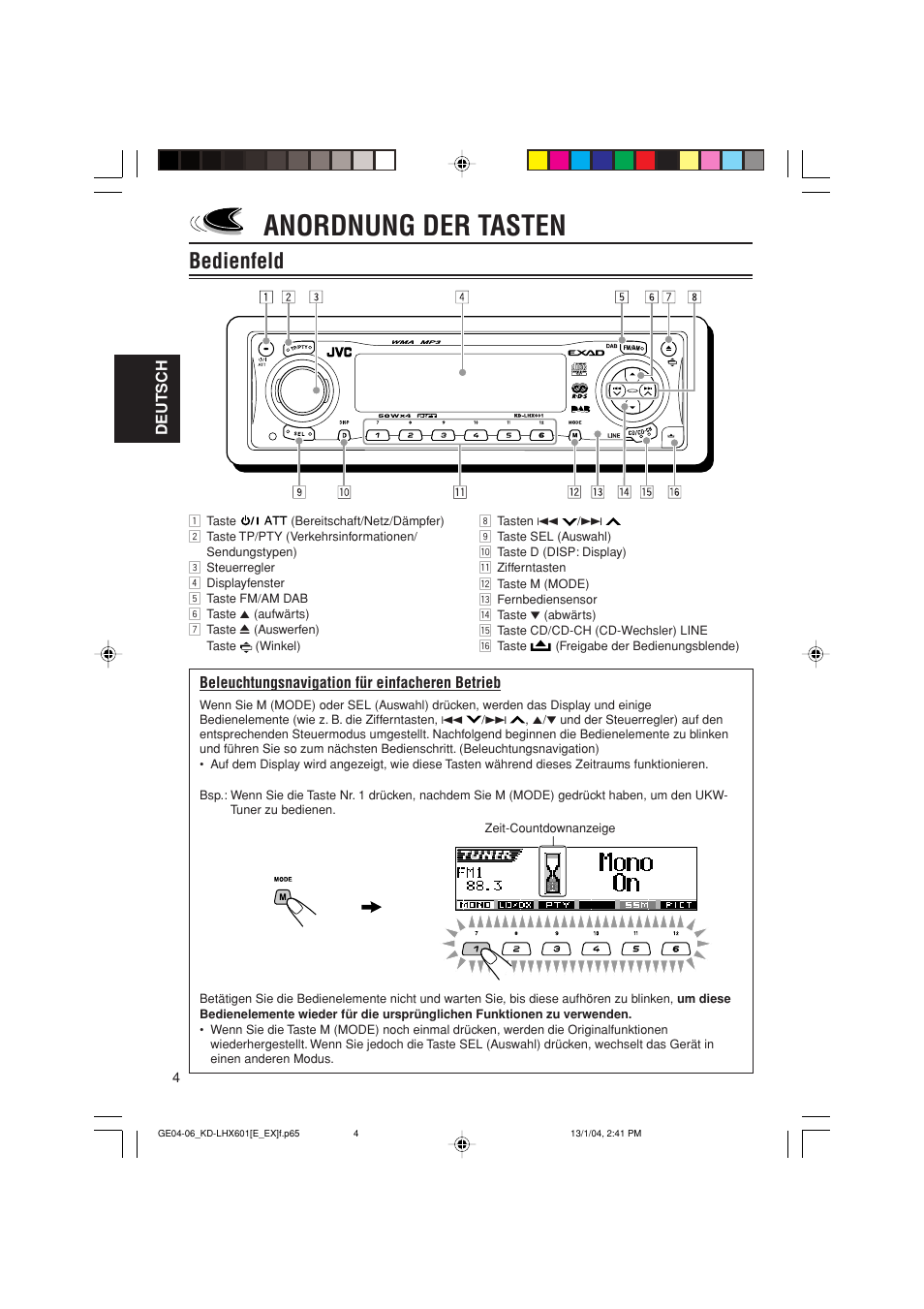 Anordnung der tasten, Bedienfeld | JVC KD-LHX601 User Manual | Page 76 / 291