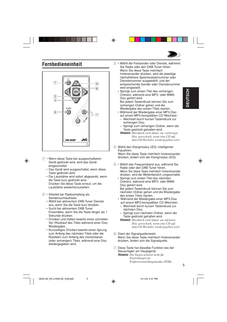 Fernbedieneinheit, Deutsch | JVC KD-LHX601 User Manual | Page 77 / 291