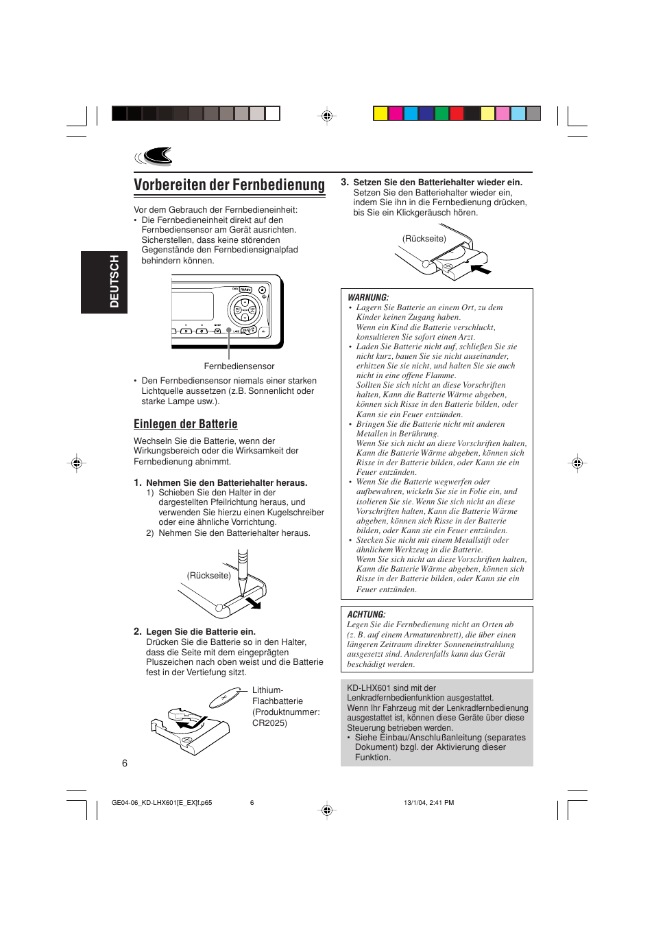 Vorbereiten der fernbedienung, Einlegen der batterie, Deutsch | JVC KD-LHX601 User Manual | Page 78 / 291