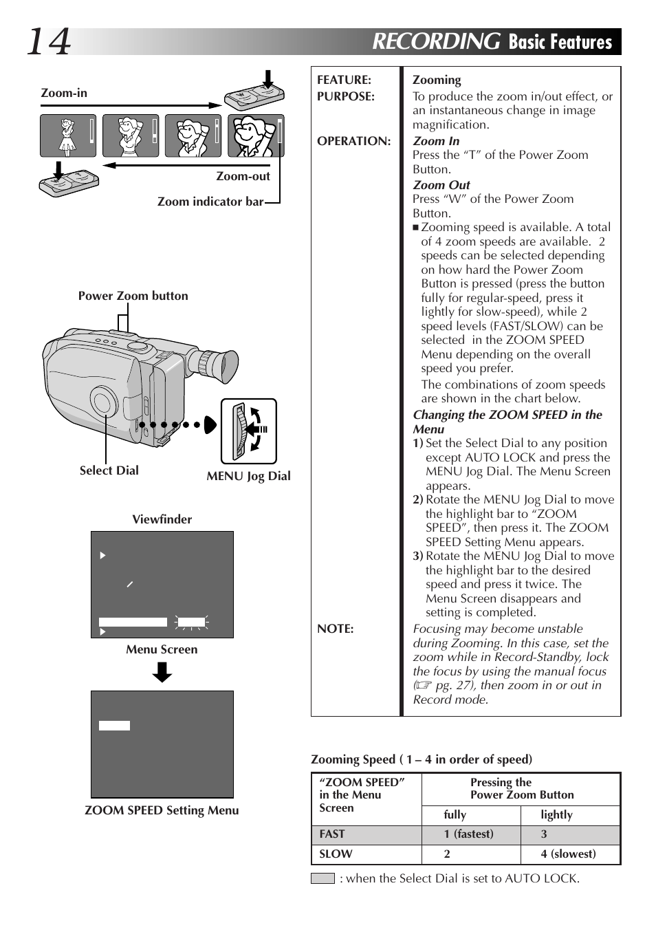 Recording, Basic features | JVC Camcorder User Manual | Page 13 / 44