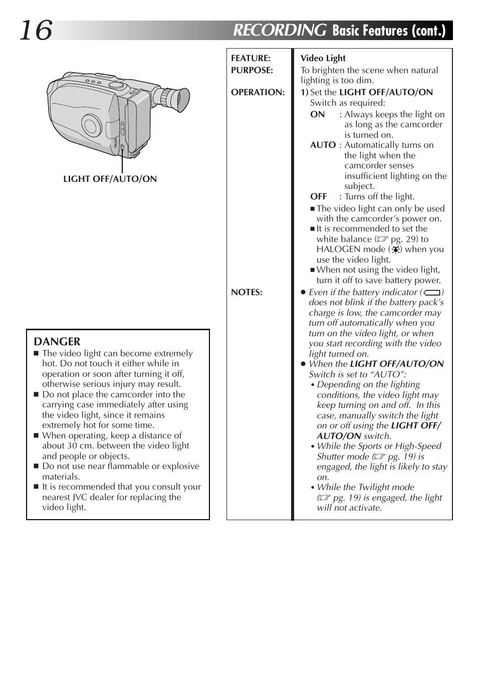 Recording, Basic features (cont.) | JVC Camcorder User Manual | Page 15 / 44