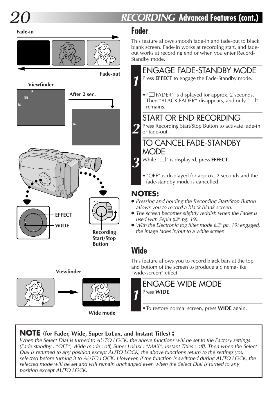 Recording, Advanced features (cont.) fader, Wide | Engage fade-standby mode, Start or end recording, Engage wide mode | JVC Camcorder User Manual | Page 19 / 44