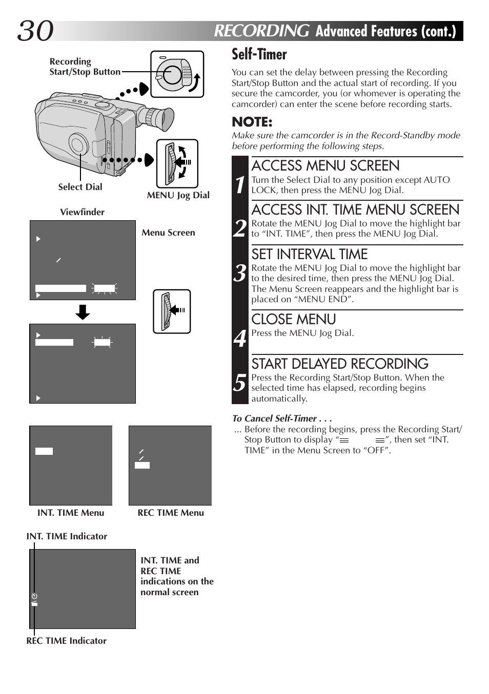 Recording, Advanced features (cont.) self-timer, Access menu screen | Access int. time menu screen, Set interval time, Close menu, Start delayed recording | JVC Camcorder User Manual | Page 29 / 44
