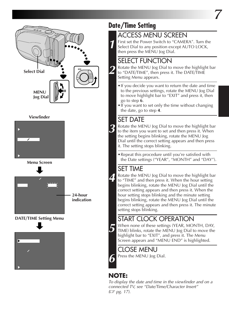 Date/time setting, Access menu screen, Select function | Set date, Set time, Start clock operation, Close menu | JVC Camcorder User Manual | Page 6 / 44