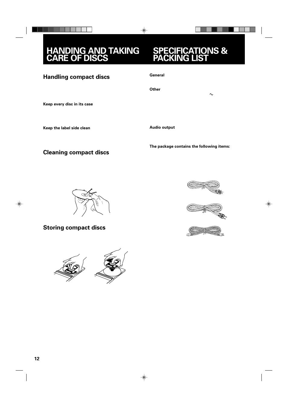 Specifications & packing list, Handing and taking care of discs, Handling compact discs | Cleaning compact discs, Storing compact discs | JVC XL-MC222BK User Manual | Page 14 / 16