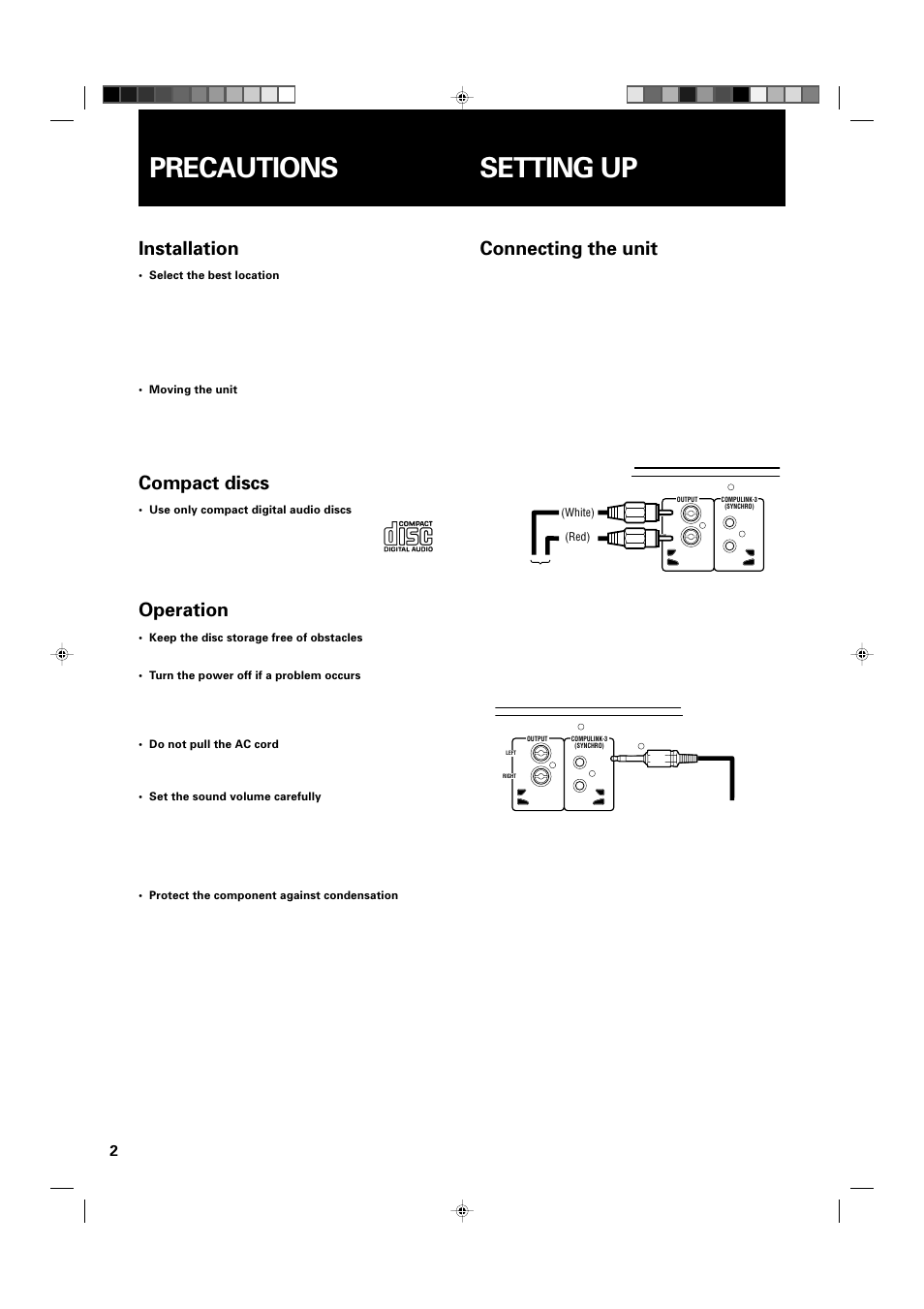 Precautions setting up, Installation, Compact discs | Operation, Connecting the unit | JVC XL-MC222BK User Manual | Page 4 / 16