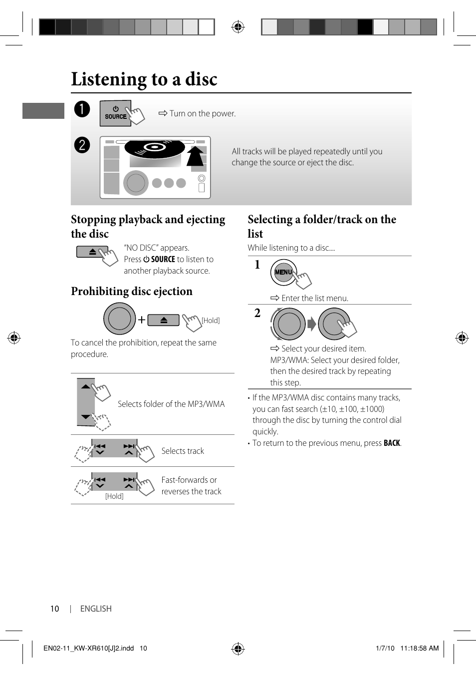 Listening to a disc, Stopping playback and ejecting the disc, Prohibiting disc ejection | Selecting a folder/track on the list | JVC GET0665-001A User Manual | Page 10 / 127