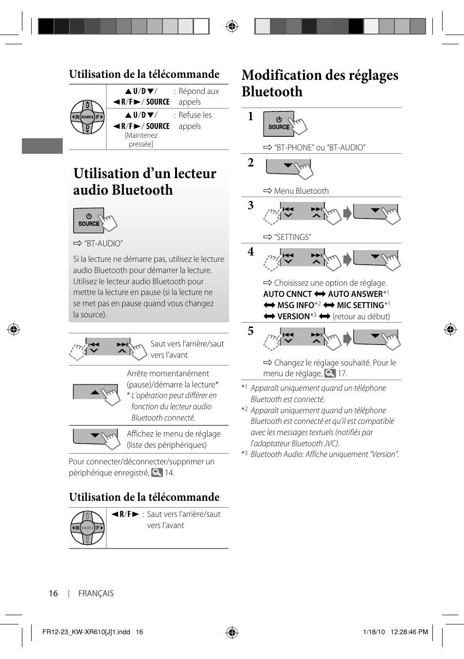 Utilisation d’un lecteur audio bluetooth, Modification des réglages bluetooth, Utilisation de la télécommande | JVC GET0665-001A User Manual | Page 100 / 127