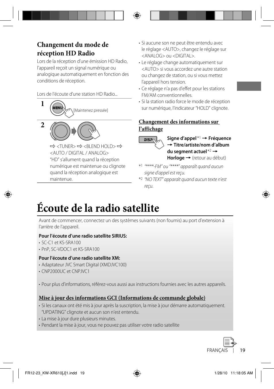 Écoute de la radio satellite, Changement du mode de réception hd radio | JVC GET0665-001A User Manual | Page 103 / 127