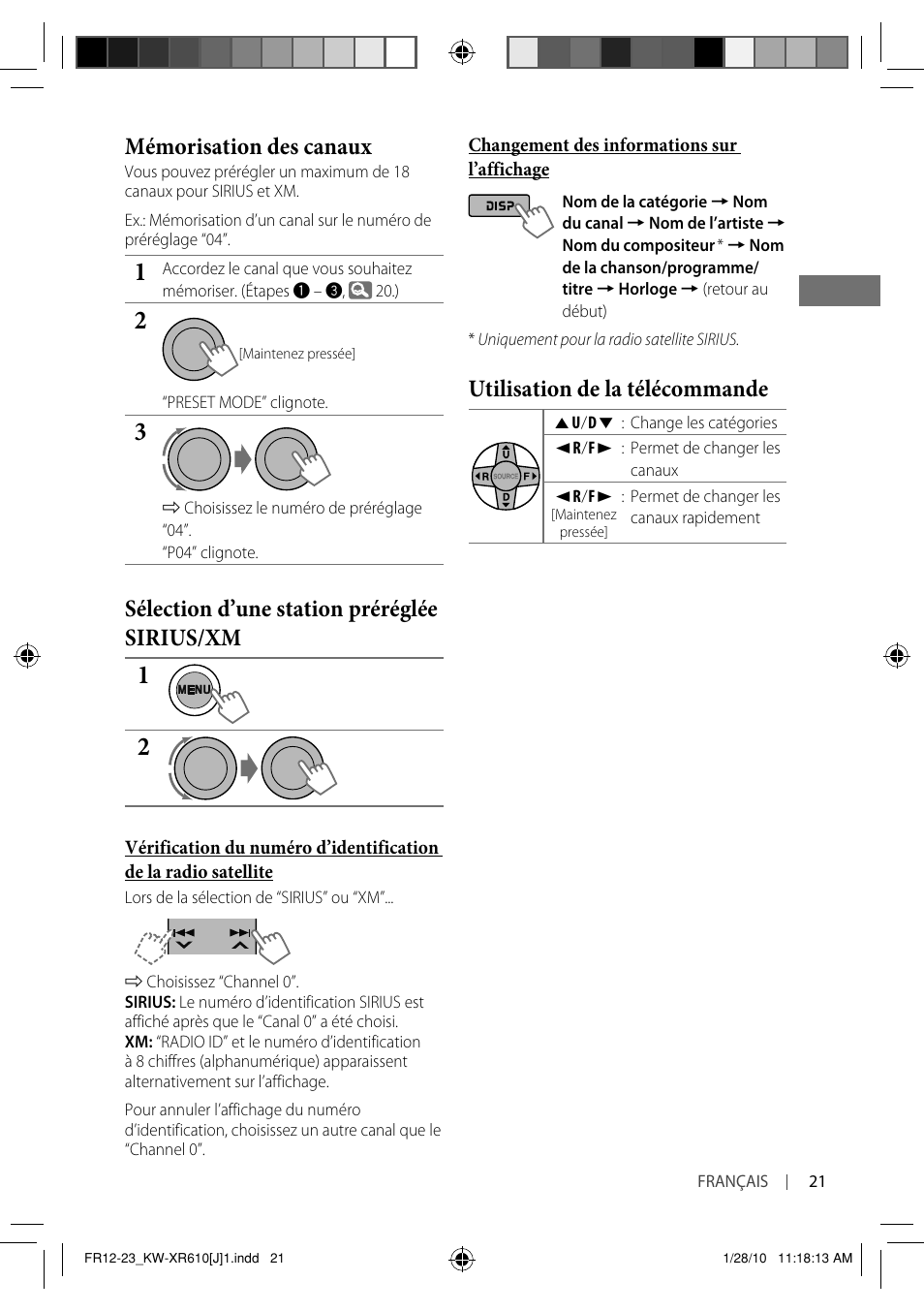 Mémorisation des canaux, Sélection d’une station préréglée sirius/xm, Utilisation de la télécommande | JVC GET0665-001A User Manual | Page 105 / 127