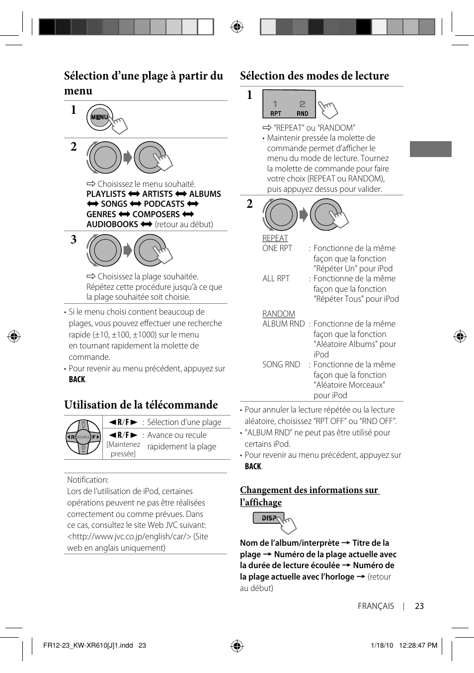 Sélection des modes de lecture, Sélection d’une plage à partir du menu, Utilisation de la télécommande | JVC GET0665-001A User Manual | Page 107 / 127
