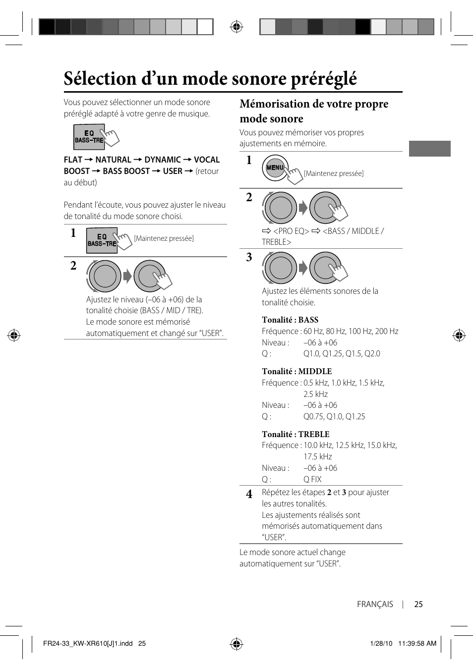 Sélection d’un mode sonore préréglé, Mémorisation de votre propre mode sonore | JVC GET0665-001A User Manual | Page 109 / 127