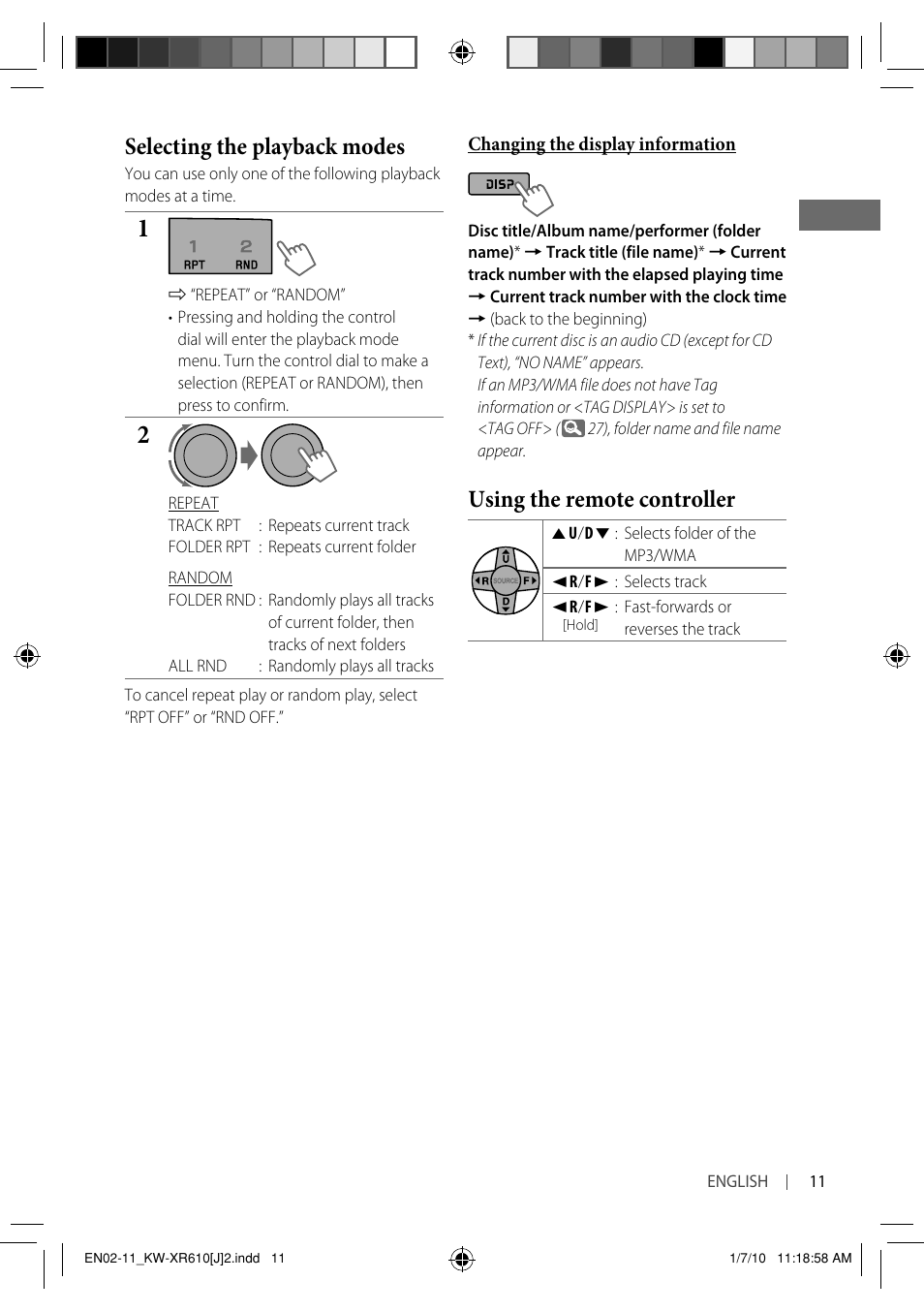 Selecting the playback modes, Using the remote controller | JVC GET0665-001A User Manual | Page 11 / 127