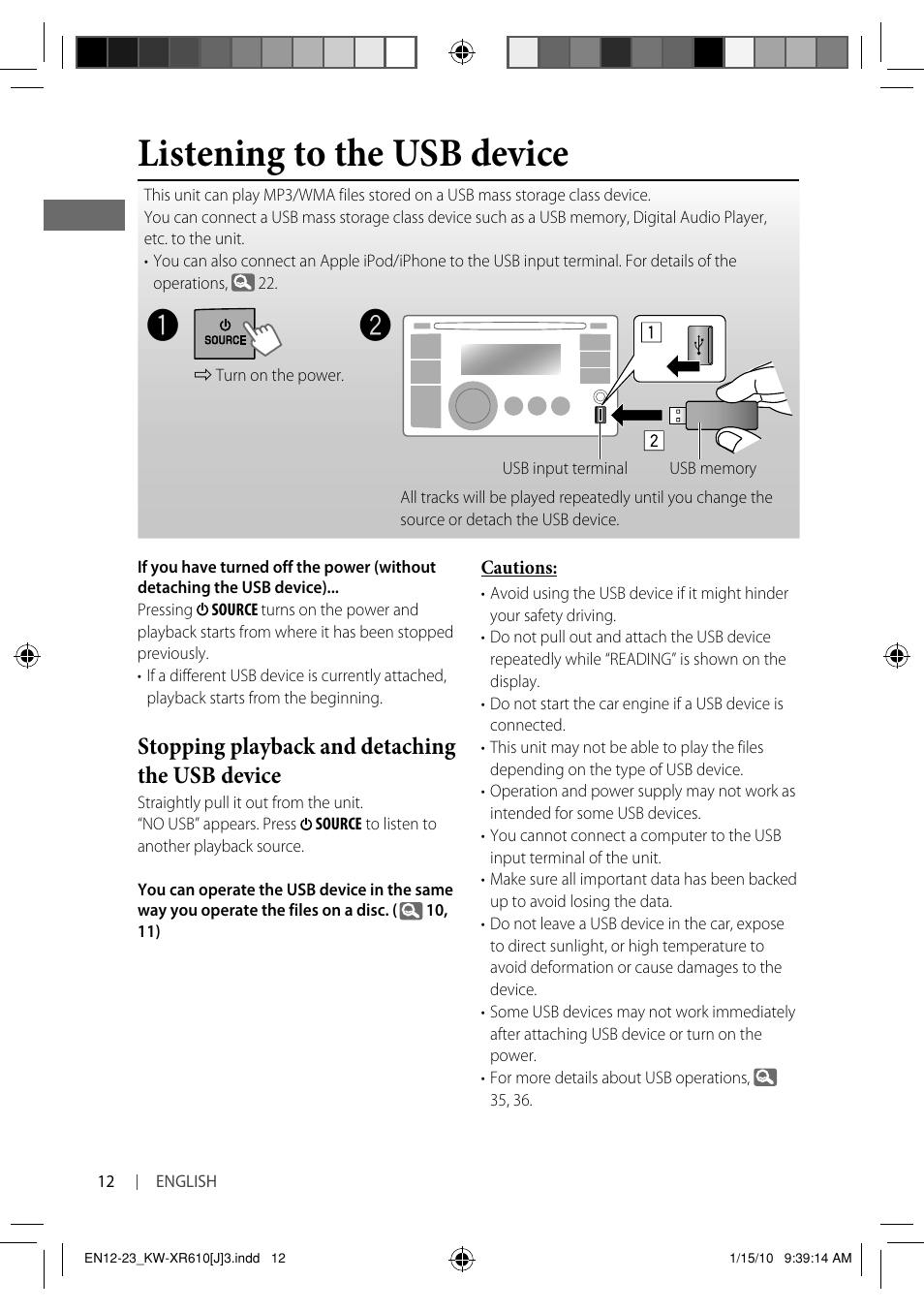 Listening to the usb device, Stopping playback and detaching the usb device | JVC GET0665-001A User Manual | Page 12 / 127