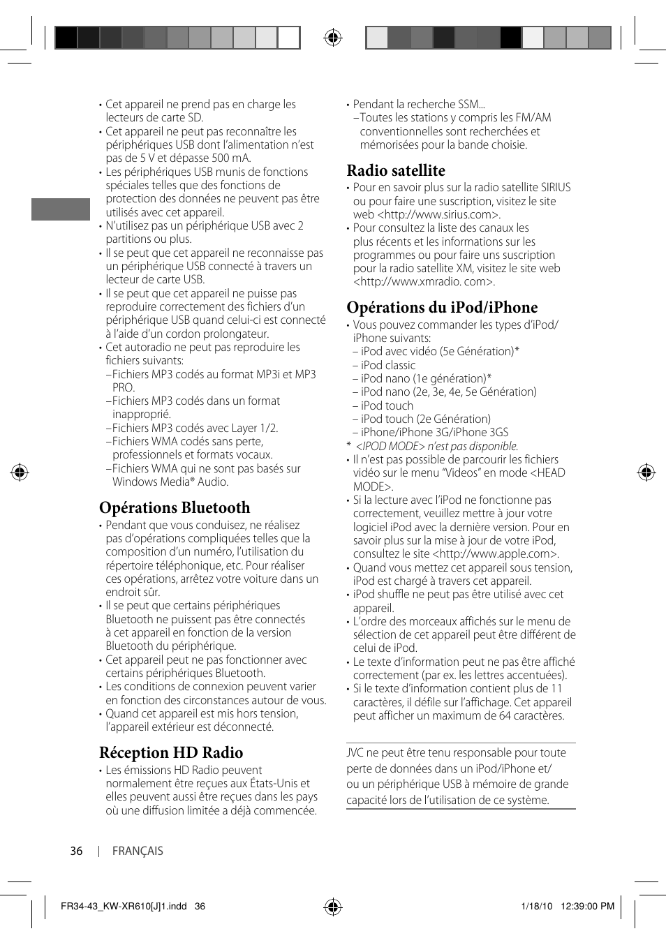 Opérations bluetooth, Réception hd radio, Radio satellite | Opérations du ipod/iphone | JVC GET0665-001A User Manual | Page 120 / 127