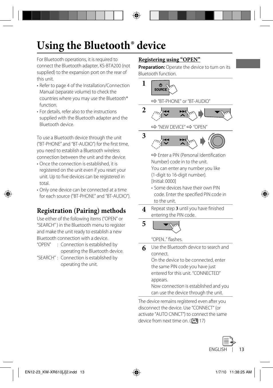 Using the bluetooth ® device, Registration (pairing) methods | JVC GET0665-001A User Manual | Page 13 / 127