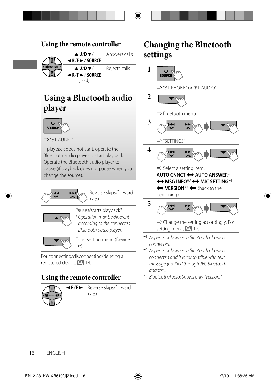 Using a bluetooth audio player, Changing the bluetooth settings, Using the remote controller | JVC GET0665-001A User Manual | Page 16 / 127