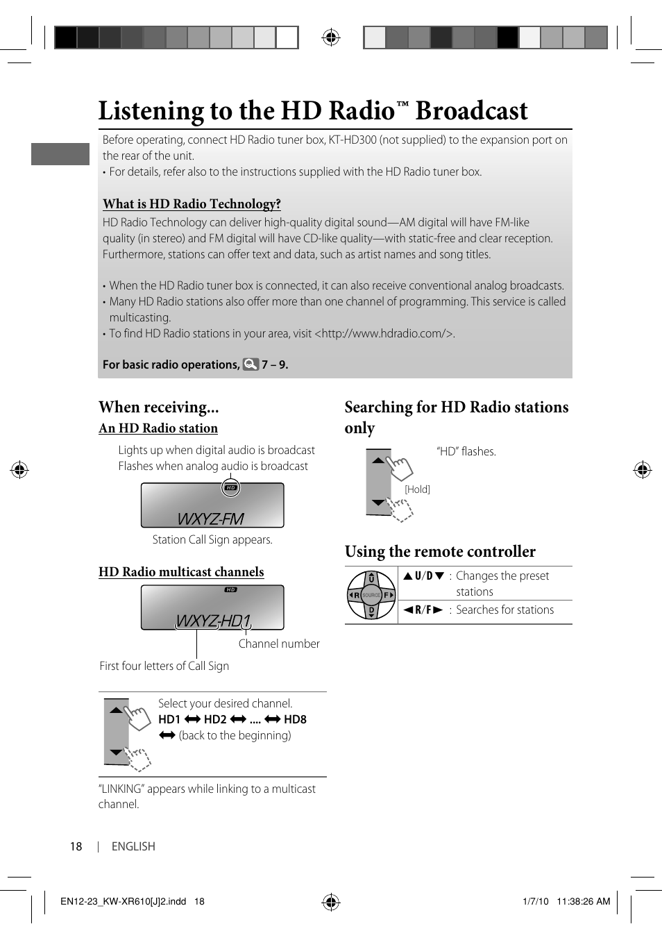 Listening to the hd radio ™ broadcast, When receiving, Searching for hd radio stations only | Using the remote controller | JVC GET0665-001A User Manual | Page 18 / 127