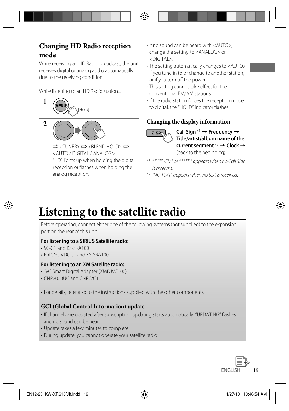 Listening to the satellite radio, Changing hd radio reception mode | JVC GET0665-001A User Manual | Page 19 / 127