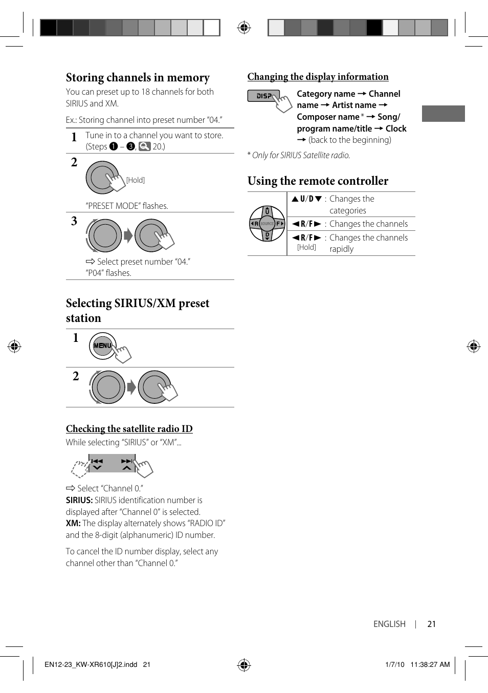 Selecting sirius/xm preset station, Using the remote controller | JVC GET0665-001A User Manual | Page 21 / 127
