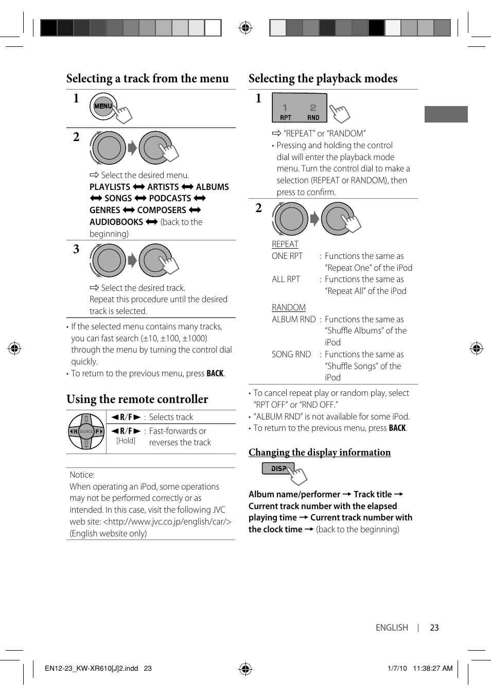Selecting the playback modes, Selecting a track from the menu, Using the remote controller | JVC GET0665-001A User Manual | Page 23 / 127