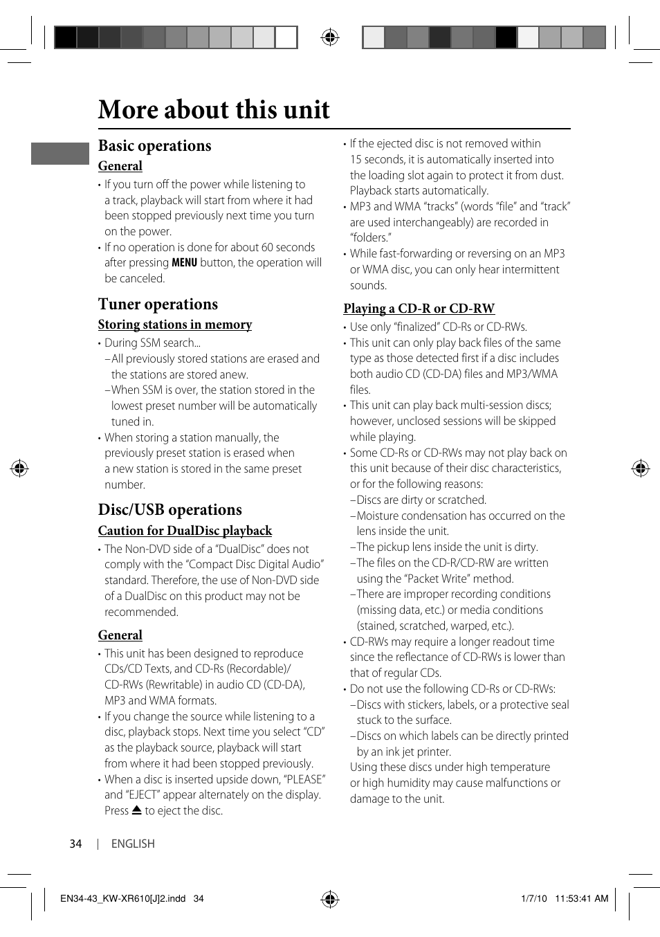 More about this unit, Basic operations, Tuner operations | Disc/usb operations | JVC GET0665-001A User Manual | Page 34 / 127