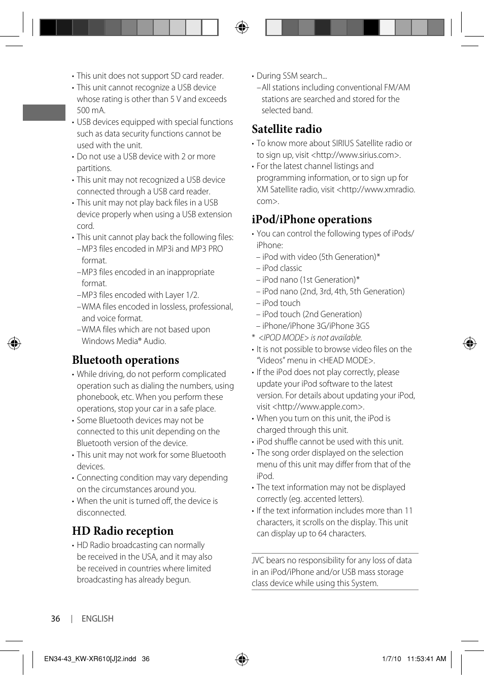 Bluetooth operations, Hd radio reception, Satellite radio | Ipod/iphone operations | JVC GET0665-001A User Manual | Page 36 / 127