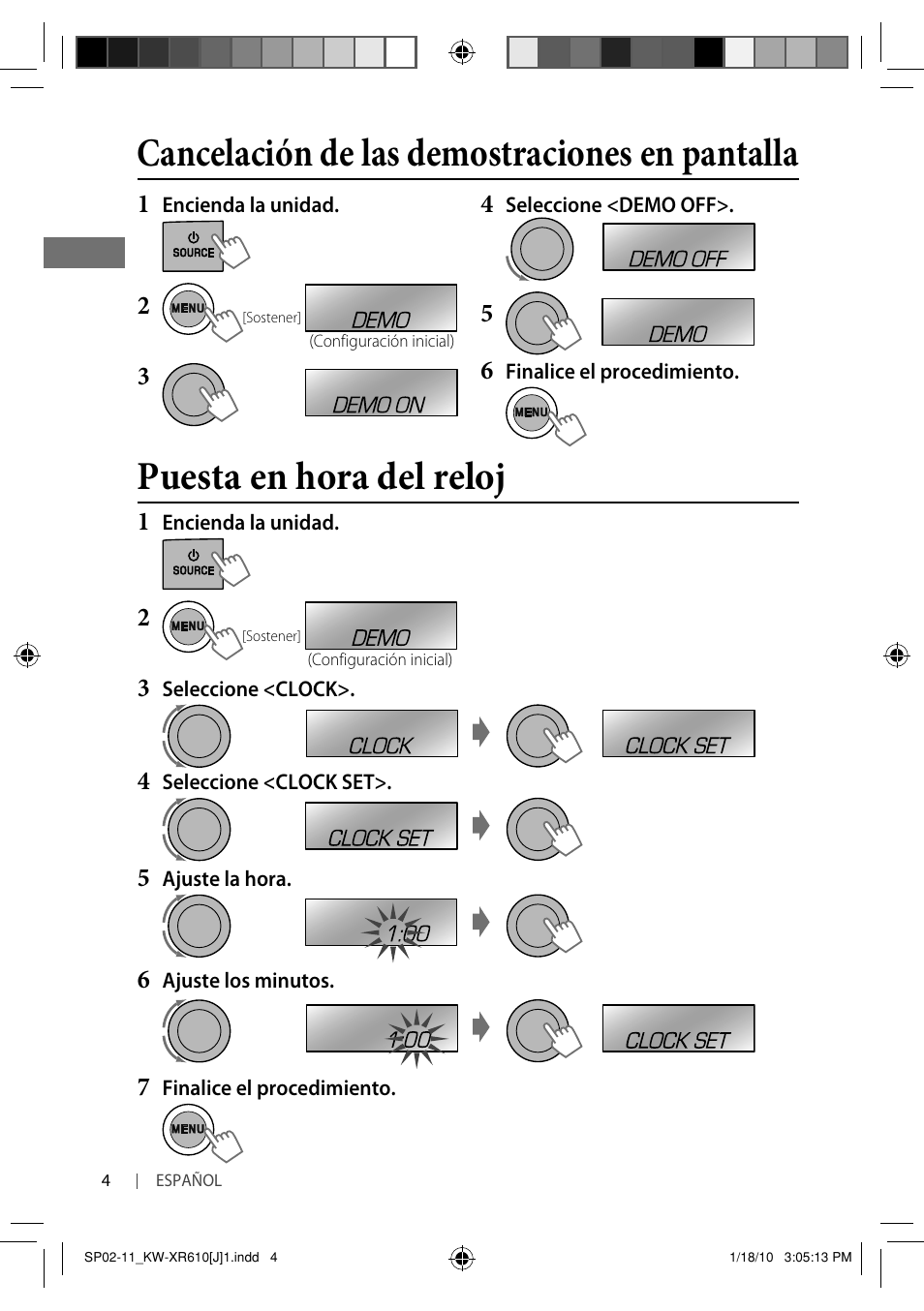 Puesta en hora del reloj, Cancelación de las demostraciones en pantalla | JVC GET0665-001A User Manual | Page 46 / 127