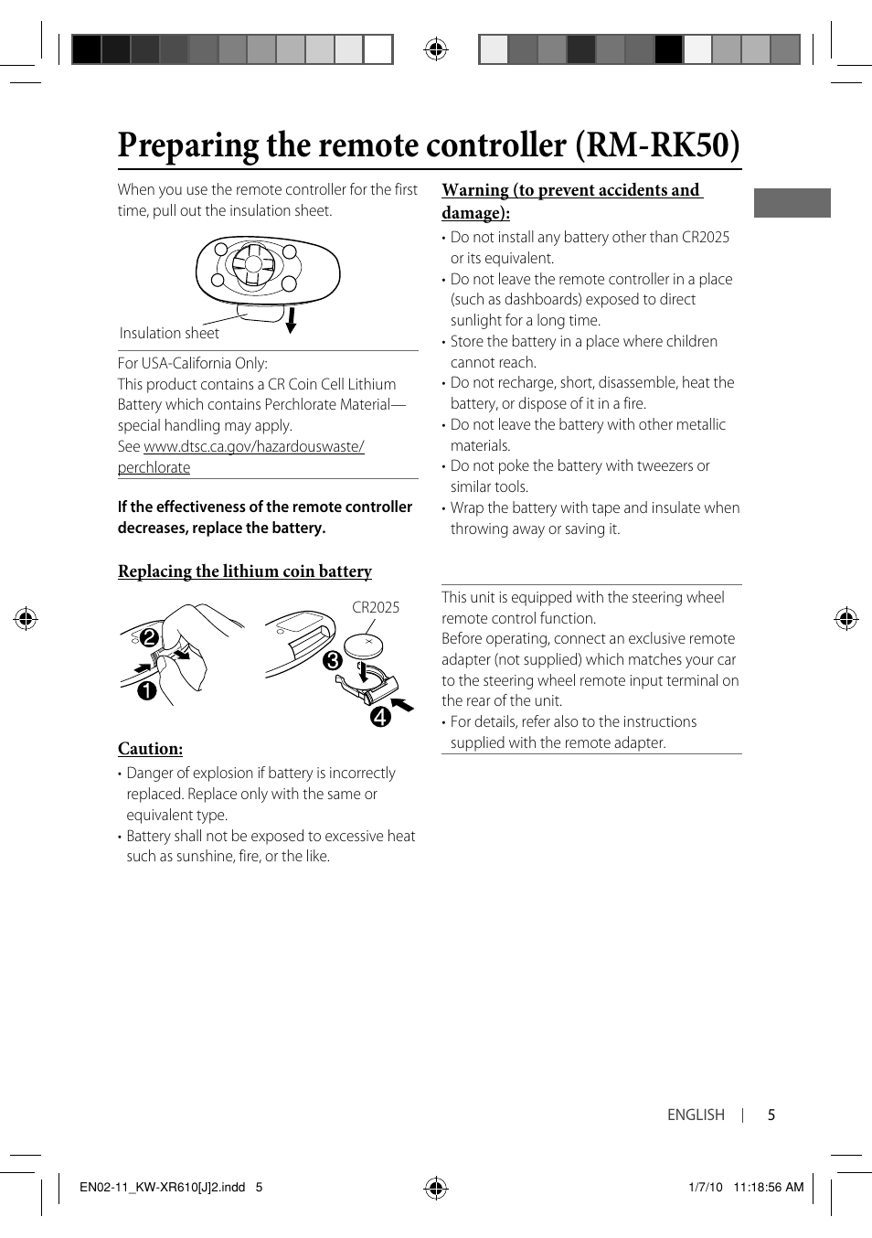 Preparing the remote controller (rm-rk50) | JVC GET0665-001A User Manual | Page 5 / 127