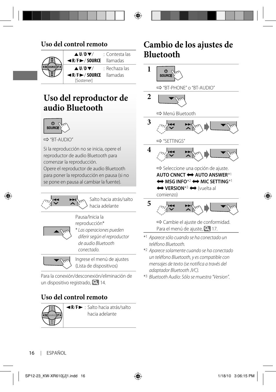 Uso del reproductor de audio bluetooth, Cambio de los ajustes de bluetooth, Uso del control remoto | JVC GET0665-001A User Manual | Page 58 / 127