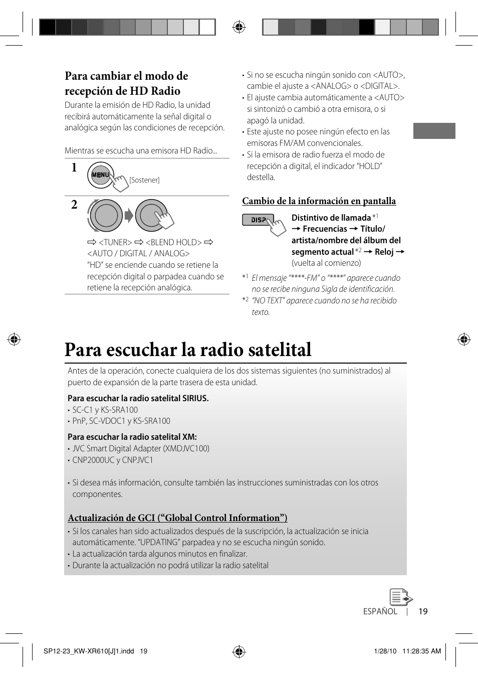 Para escuchar la radio satelital, Para cambiar el modo de recepción de hd radio | JVC GET0665-001A User Manual | Page 61 / 127