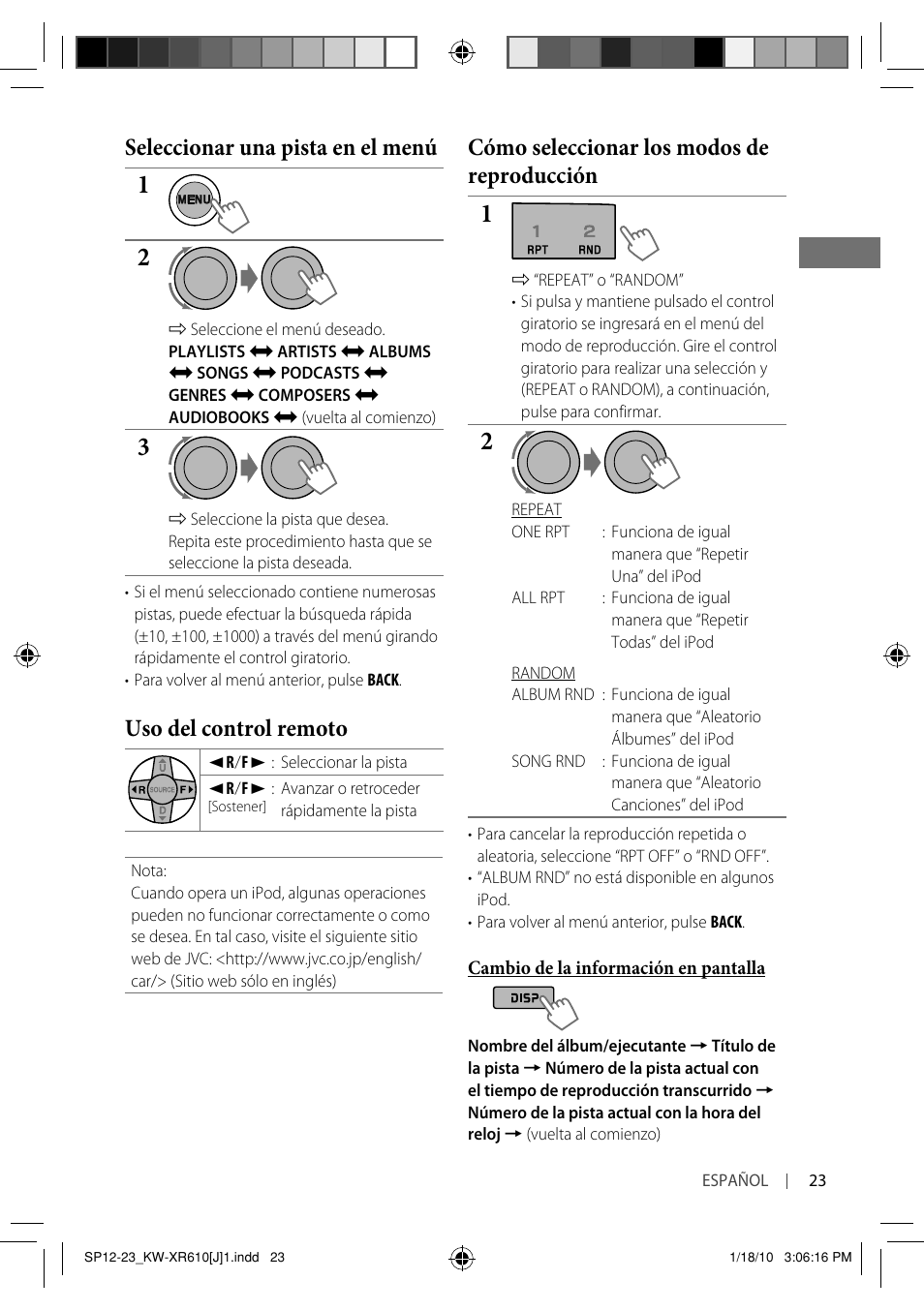 Cómo seleccionar los modos de reproducción, Seleccionar una pista en el menú, Uso del control remoto | JVC GET0665-001A User Manual | Page 65 / 127
