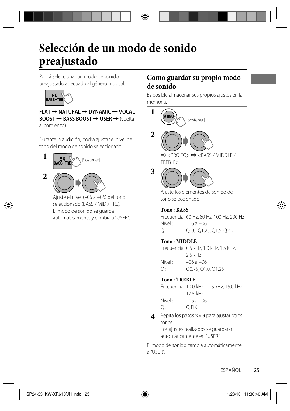 Selección de un modo de sonido preajustado, Cómo guardar su propio modo de sonido | JVC GET0665-001A User Manual | Page 67 / 127