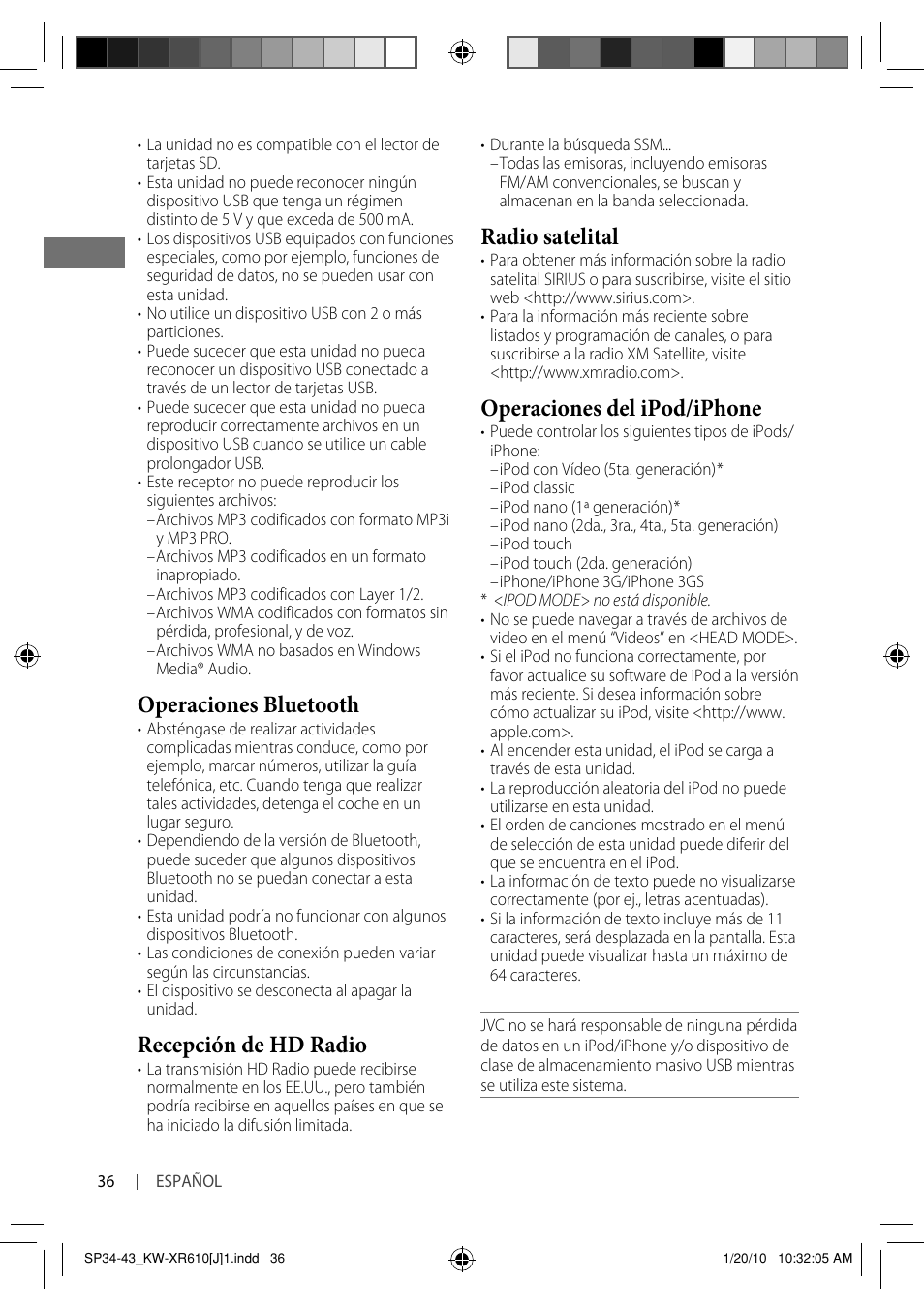 Operaciones bluetooth, Recepción de hd radio, Radio satelital | Operaciones del ipod/iphone | JVC GET0665-001A User Manual | Page 78 / 127