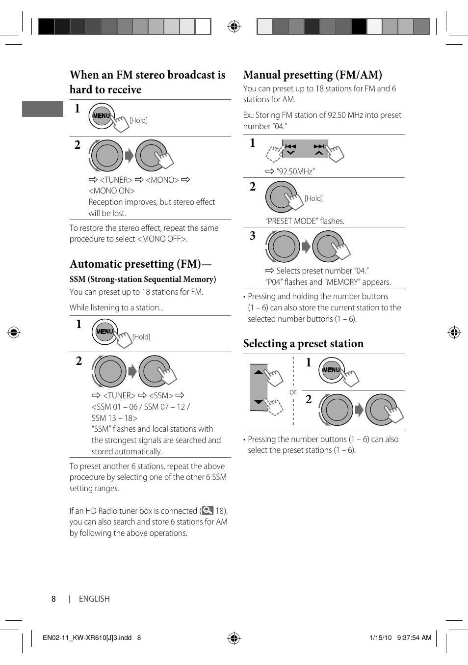 Manual presetting (fm/am), Selecting a preset station, When an fm stereo broadcast is hard to receive | Automatic presetting (fm) | JVC GET0665-001A User Manual | Page 8 / 127