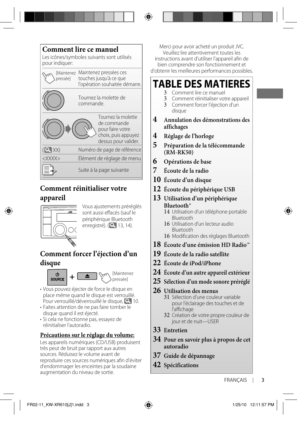 Table des matieres, Comment lire ce manuel, Comment réinitialiser votre appareil | Comment forcer l’éjection d’un disque | JVC GET0665-001A User Manual | Page 87 / 127