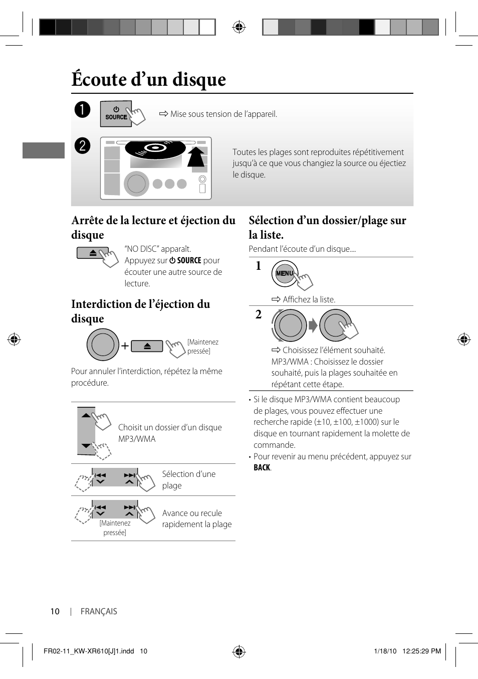 Écoute d’un disque, Arrête de la lecture et éjection du disque, Interdiction de l’éjection du disque | Sélection d’un dossier/plage sur la liste | JVC GET0665-001A User Manual | Page 94 / 127
