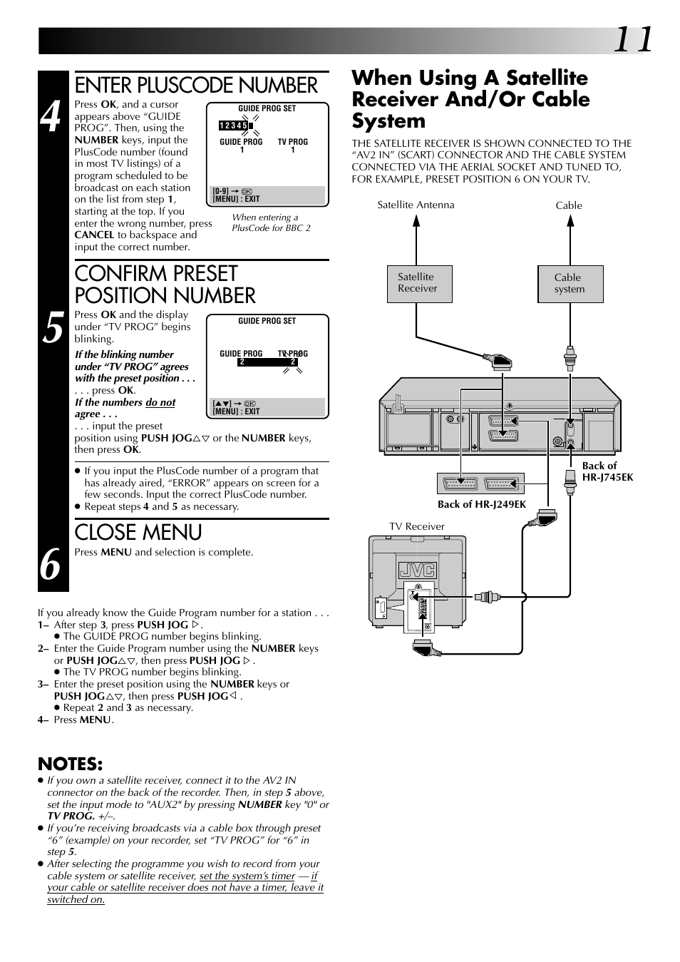 Enter pluscode number, Confirm preset position number, Close menu | JVC HR-J249EK User Manual | Page 11 / 60