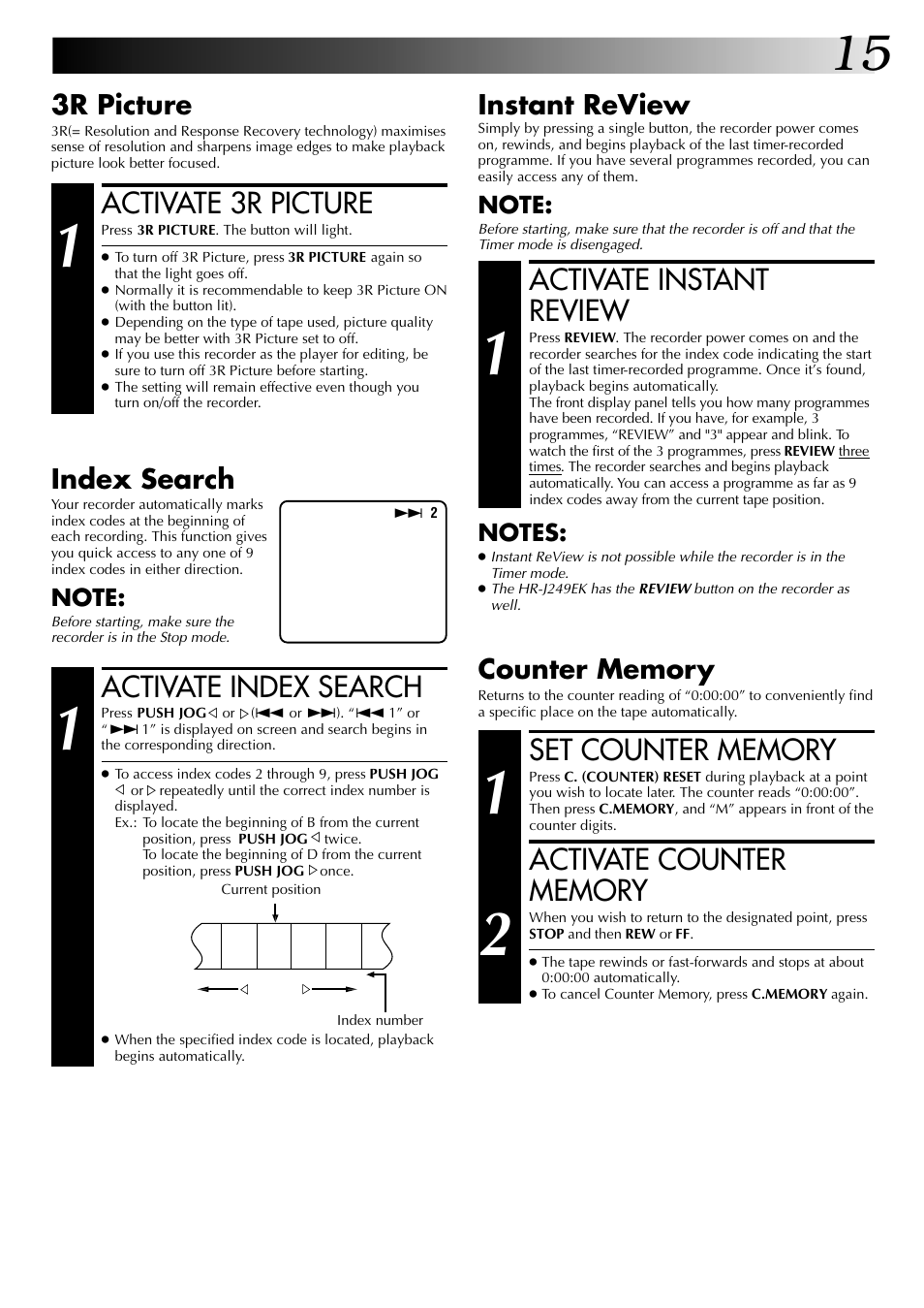 Activate instant review, Activate 3r picture, Activate index search | Instant review, 3r picture, Index search | JVC HR-J249EK User Manual | Page 15 / 60