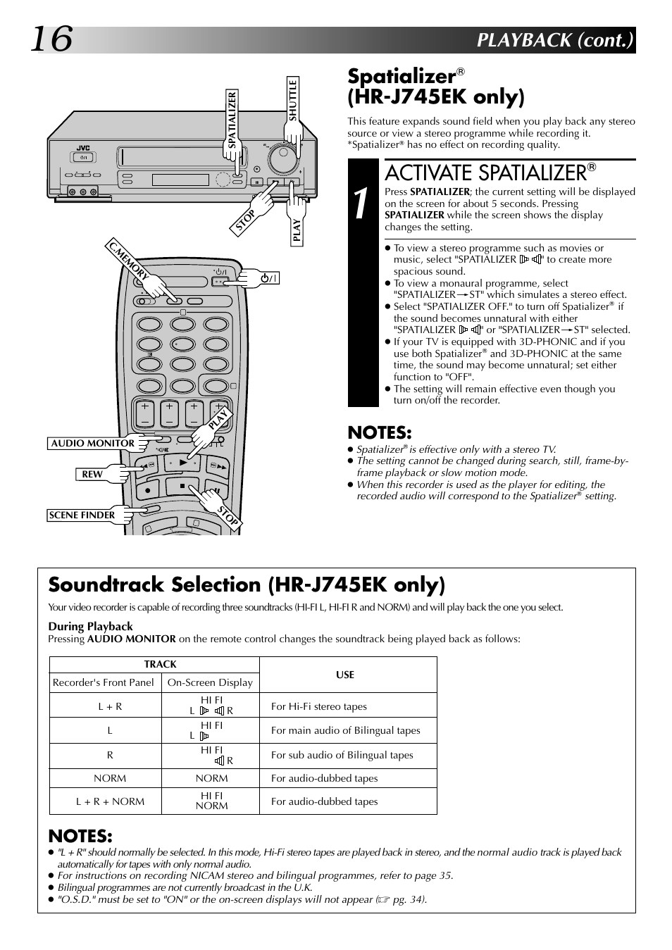 Activate spatializer, Playback (cont.), Soundtrack selection (hr-j745ek only) | Spatializer, Hr-j745ek only) | JVC HR-J249EK User Manual | Page 16 / 60