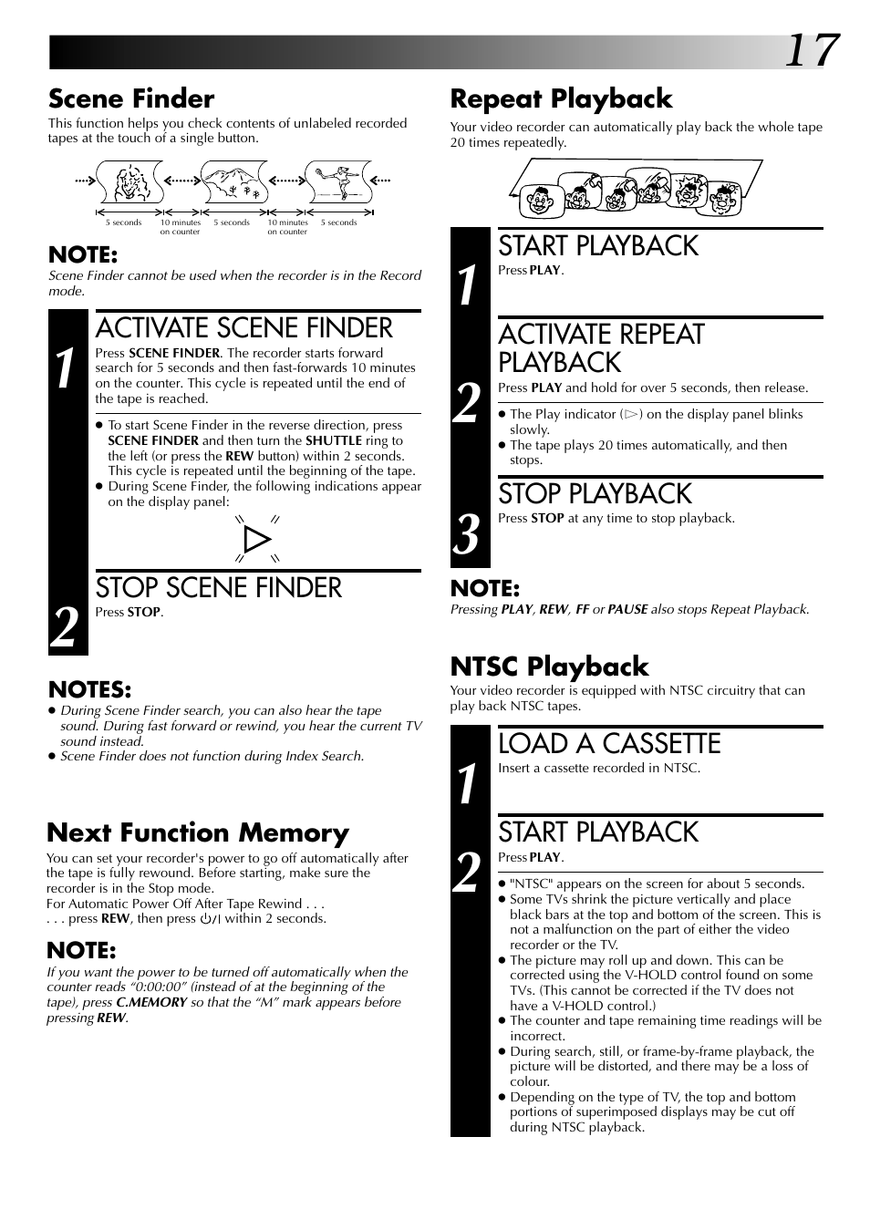 Activate scene finder, Stop scene finder, Start playback | Activate repeat playback, Stop playback, Load a cassette, Scene finder, Repeat playback, Ntsc playback | JVC HR-J249EK User Manual | Page 17 / 60