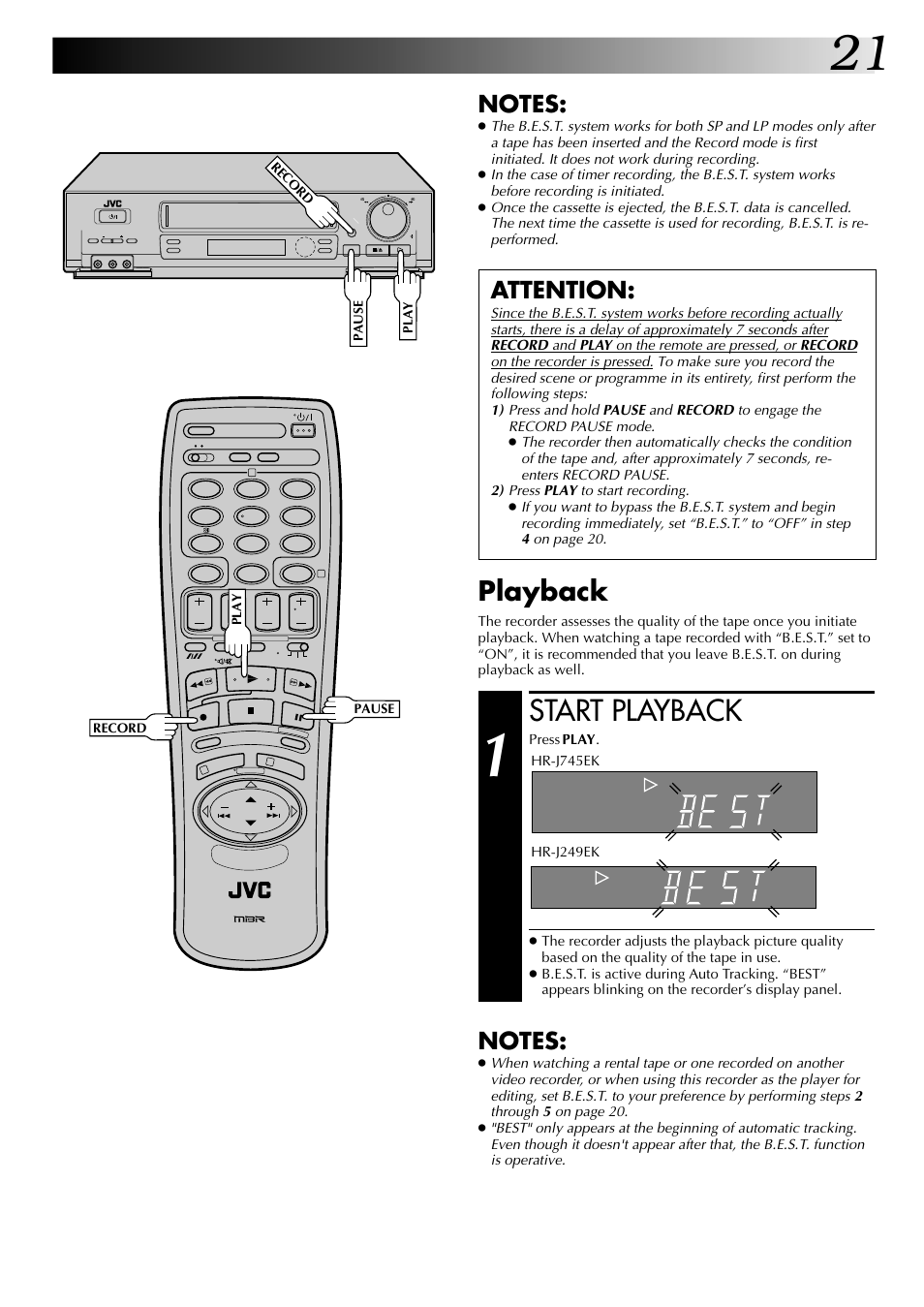 Start playback, Playback, Attention | JVC HR-J249EK User Manual | Page 21 / 60