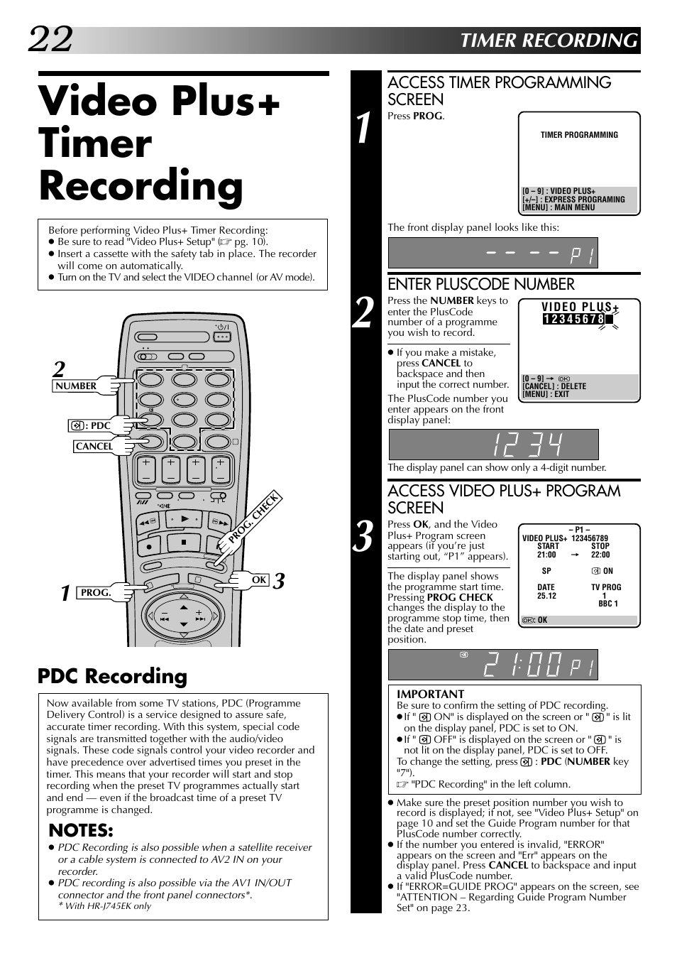 Video plus+ timer recording, Timer recording, Pdc recording | Access timer programming screen, Enter pluscode number, Access video plus+ program screen | JVC HR-J249EK User Manual | Page 22 / 60